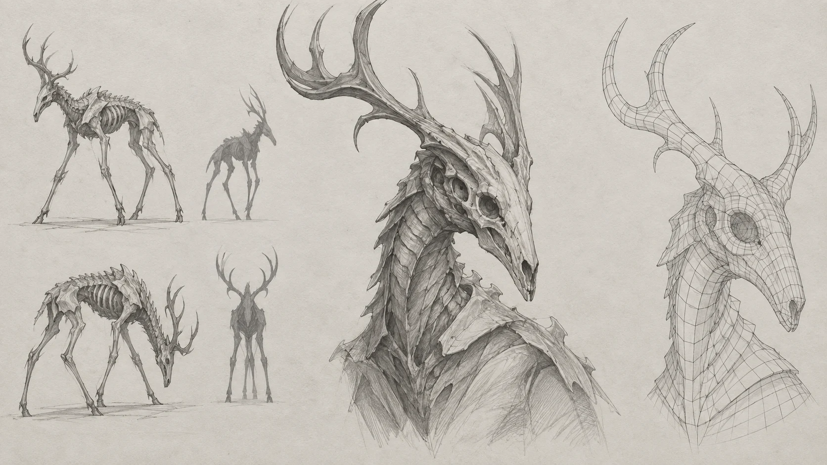 Fantasy creature study showing silhouette sketches, head details and an illustrative wireframe.