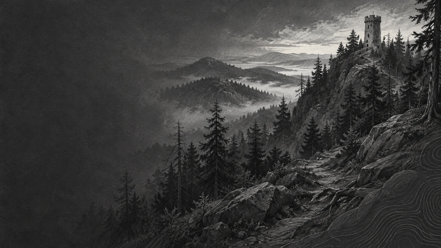 Landscape sketch inspired by the Owl Mountains, with forest, mist and a stone tower.
