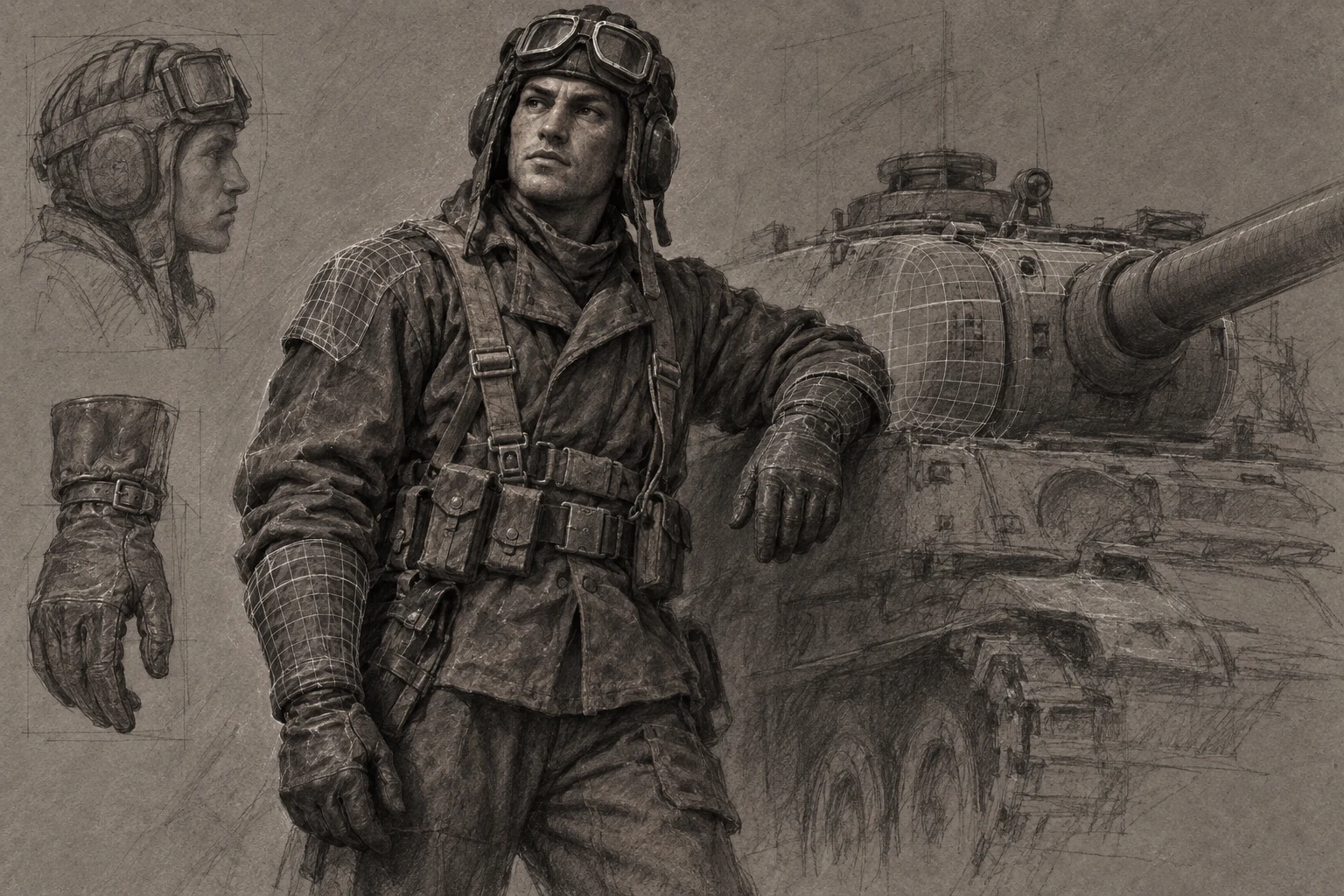 Sketch of a tank commander with wireframe overlays on the shoulder, gloves and turret.