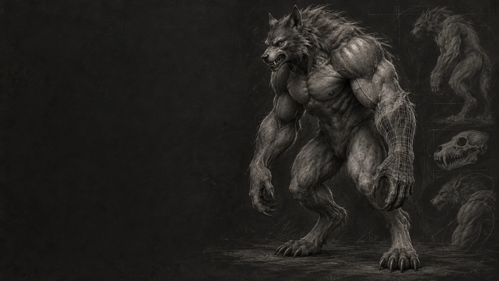 Sketch of a muscular werewolf with anatomical details and an illustrative forearm wireframe.